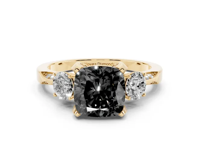 Fancy Black Cushion Cut Diamond Three-Stone Ring Set in Yellow gold with Pavé Band and Smaller Side Stones