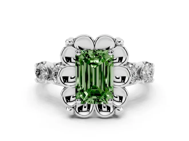 Fancy Green Emerald Cut Diamond Floral Halo Ring Set in White gold with Shared Prong Band