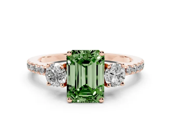 Emerald Cut Three Stone Engagement Ring Setting for a Fancy Green Lab-Grown Diamond | Pavé Shoulders | Rose Gold