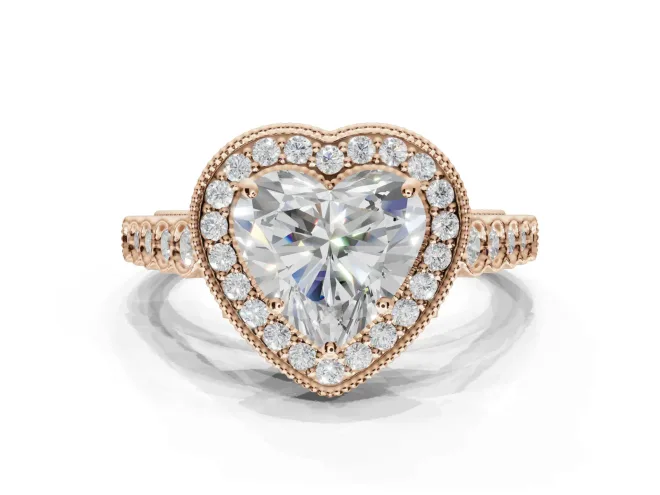 Heart-Shaped Lab-Grown Diamond Milgrain Halo Solitaire Ring Set in Rose Gold with Bezel Set Side Stones and Pavé Band