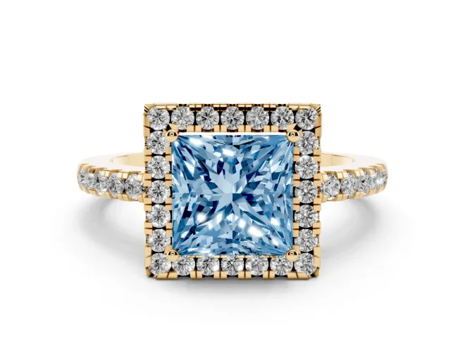 Princess Cut Halo Engagement Ring Setting for a Fancy Blue Lab-Grown Diamond | Shared Prong Pavé Band | Yellow Gold