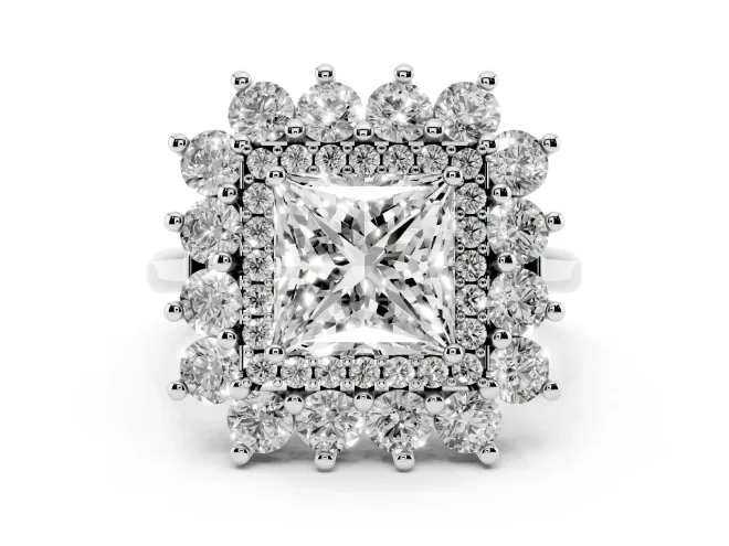 Princess Cut Floral Double Halo Engagement Ring Setting | Plain Band | White Gold