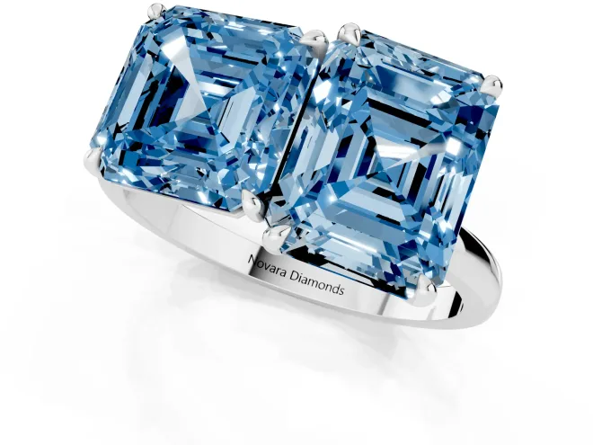 Fancy Blue Asscher Cut and Emerald Cut Toi Moi Ring Set in Silver with Prong Setting – second view