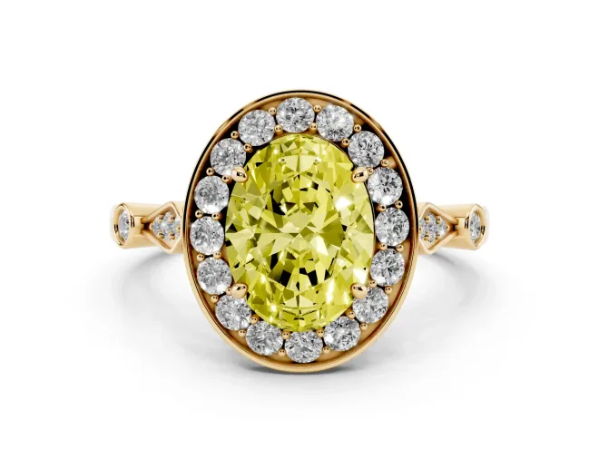 Oval Vintage Halo Engagement Ring Setting for a Fancy Yellow Lab-Grown Diamond | Bezel Station Shoulders | Yellow Gold
