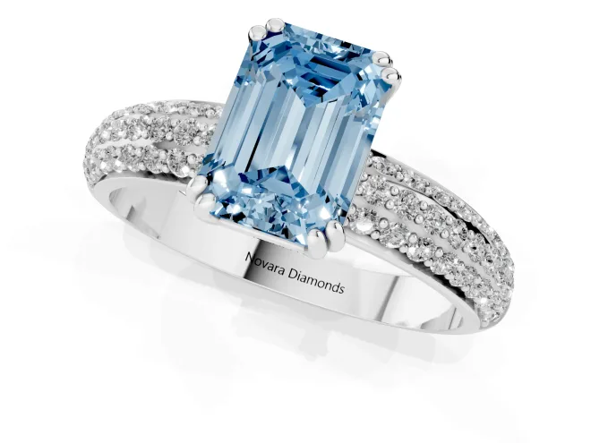 Fancy Blue Emerald Cut Diamond Solitaire Ring Set in White gold with Multi-Row Round Pavé Band and Prong Setting – second view