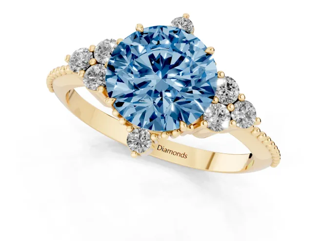 Fancy Blue Round Cut Diamond Cluster Ring Set in Yellow gold with Beaded Band – second view