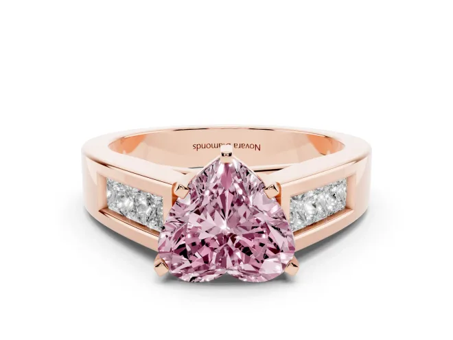 Fancy Pink Heart Cut Diamond Solitaire Ring Set in Rose gold with Channel-Set Accent Stones and Prong Setting