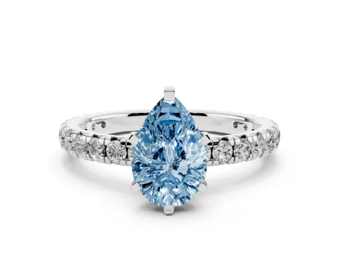 Fancy Blue Pear Cut Diamond Pavé Solitaire Ring Set in White gold with Round Band and Prong Setting