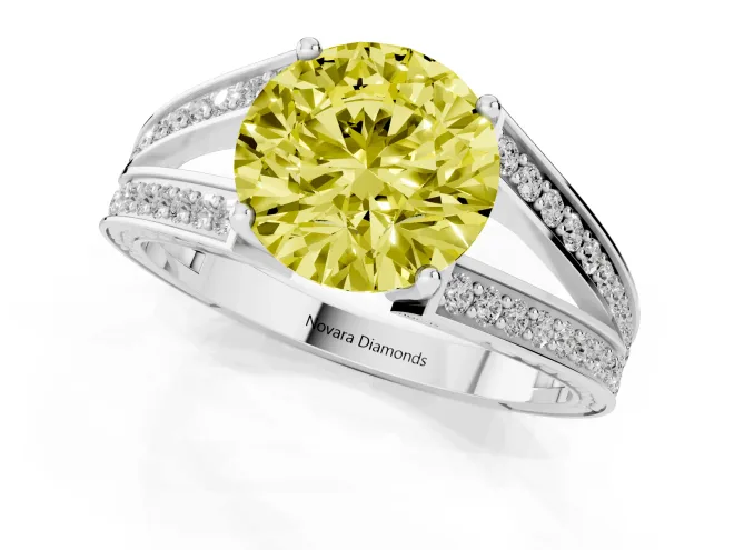Fancy Yellow Round Cut Diamond Split Shank Ring Set in Silver with Pavé Band and Prong Setting – second view