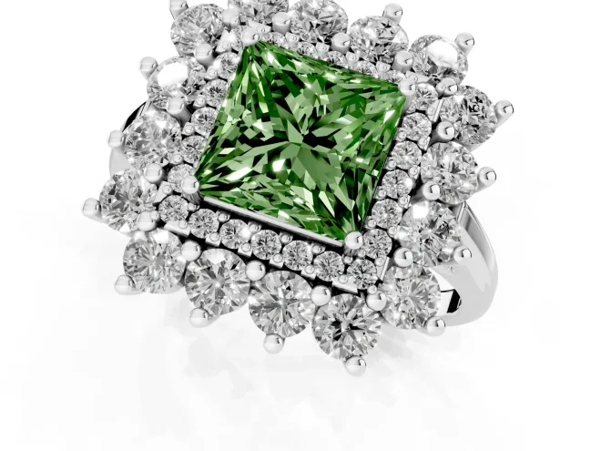 Fancy Green Princess Cut Diamond Floral Double Halo Ring Set in Silver with Round Petals – second view