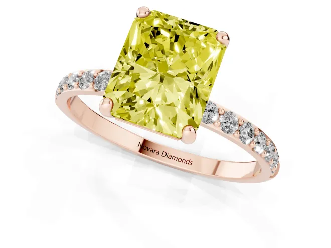 Fancy Yellow Radiant Cut Diamond Solitaire Ring Set in Rose gold with Round Pavé Band and Prong Setting – second view