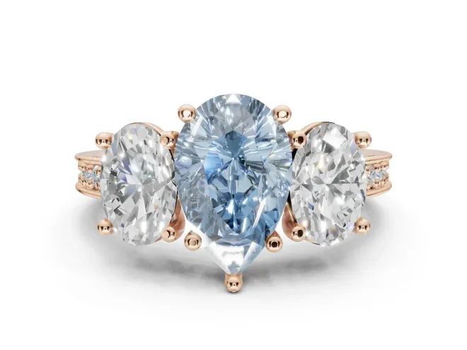Pear-Shaped Vintage Three Stone Engagement Ring Setting for a Fancy Blue Lab-Grown Diamond | Graduated Pavé | Rose Gold