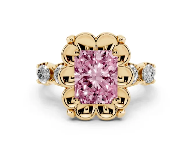 Fancy Pink Radiant Cut Diamond Floral Halo Ring Set in Yellow gold with Shared Prong Band