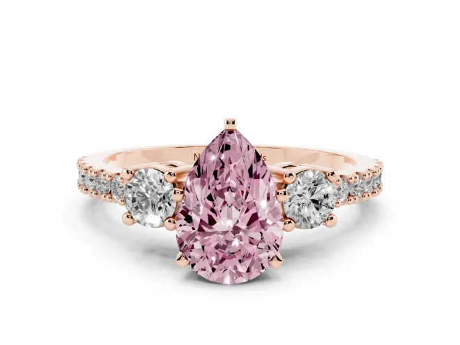 Pear-Shaped Three Stone Pavé Engagement Ring Setting for a Fancy Pink Lab-Grown Diamond | Round Side Stones | Rose Gold