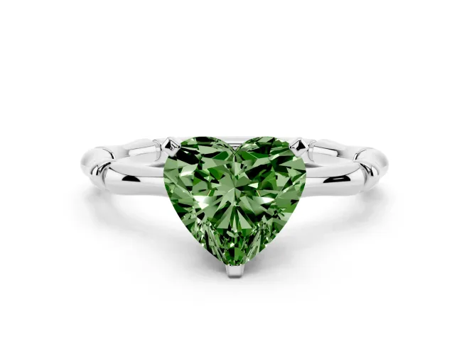 Fancy Green Heart Cut Diamond Solitaire Ring Set in Silver with Bamboo Band and Prong Setting
