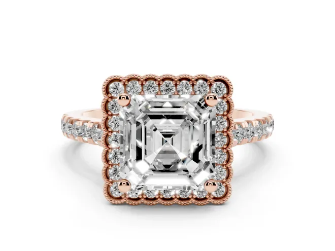 Asscher Cut Vintage Milgrain Floral Halo Engagement Ring Setting | Pavé Band | Rose Gold