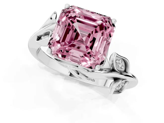 Fancy Pink Asscher Cut Diamond Solitaire Twist Engagement Ring Set in White gold with Pavé Leaf Accents – second view