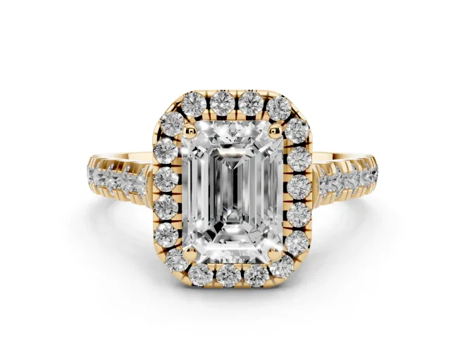 Emerald Cut Halo Engagement Ring Setting | Shared Prong Shoulders | Yellow Gold