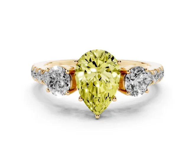 Fancy Yellow Pear Cut Diamond Three-Stone Ring Set in Yellow gold with Round Side Stones and Delicate Pavé Band