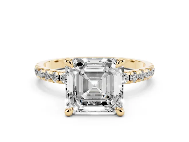 Asscher Cut Diamond Brilliant Solitaire Ring Set in Yellow gold with Pavé Band and Prong Setting