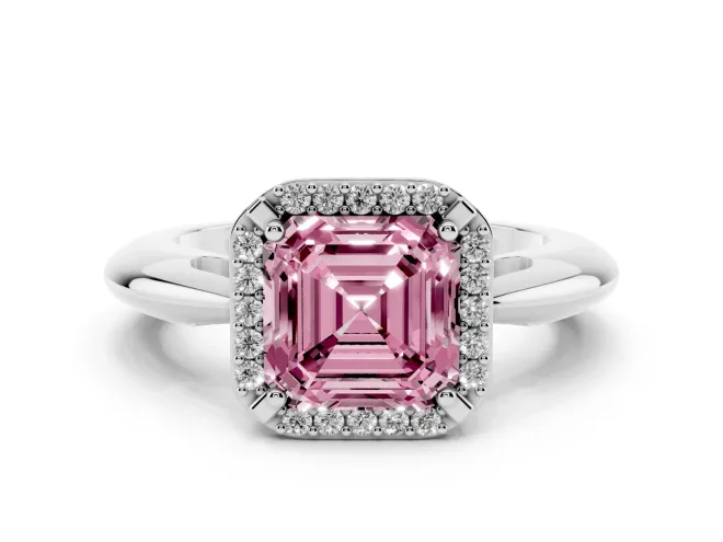 Asscher Cut Halo Engagement Ring Setting for a Fancy Pink Lab-Grown Diamond | Plain Tapered Band | White Gold