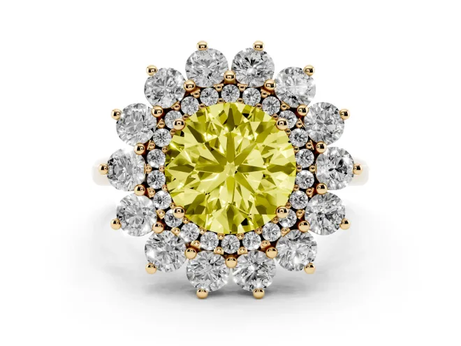 Fancy Yellow Round Cut Diamond Floral Double Halo Ring Set in Yellow gold with Round Petals