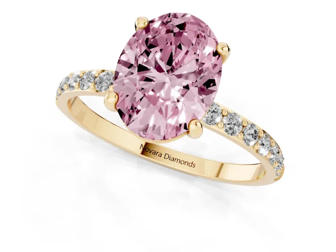Fancy Pink Oval Cut Diamond Solitaire Ring Set in Yellow gold with Round Pavé Band and Prong Setting – second view