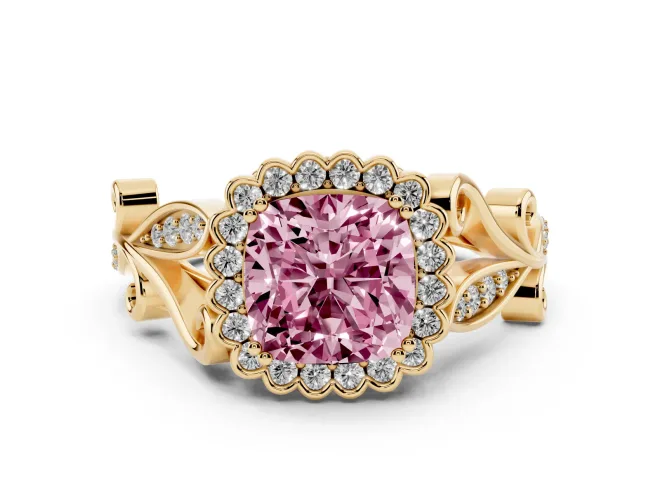 Cushion Cut Leaf Halo Engagement Ring Setting for a Fancy Pink Lab-Grown Diamond | Yellow Gold