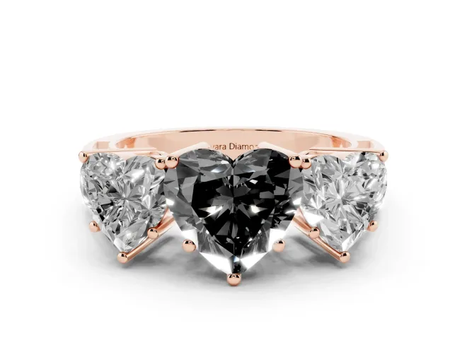 Fancy Black Heart Cut Diamond Three-Stone Ring Set in Rose gold with Textured Band