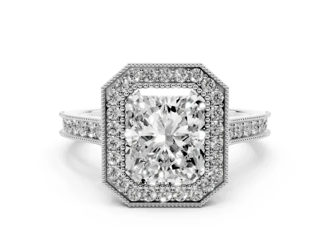 Radiant Cut Diamond Halo Milgrain Pavé Band Ring Set in White gold with Prong Setting