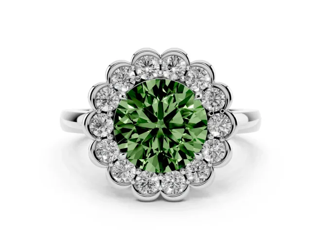 Round Scalloped Cluster Halo Engagement Ring Setting for a Fancy Green Lab-Grown Diamond | Plain Band | White Gold