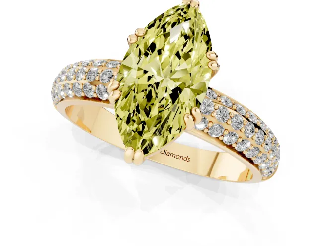 Fancy Yellow Marquise Cut Diamond Solitaire Ring Set in Yellow gold with Multi-Row Round Pavé Band and Prong Setting – second view