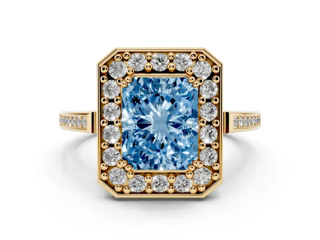 Radiant Cut Halo Engagement Ring Setting for a Fancy Blue Lab-Grown Diamond | Polished Halo Rim | Yellow Gold