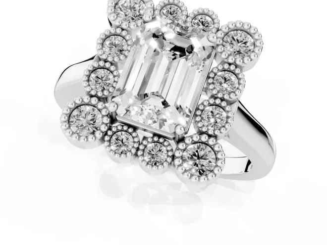 Emerald Cut Diamond Cluster Halo Ring Set in White gold with Milgrain Bezel Accents and Plain Band – second view