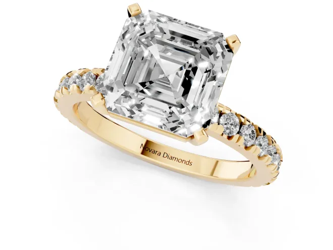 Asscher Cut Diamond Pavé Band Solitaire Set in Yellow gold with Prong Setting – second view