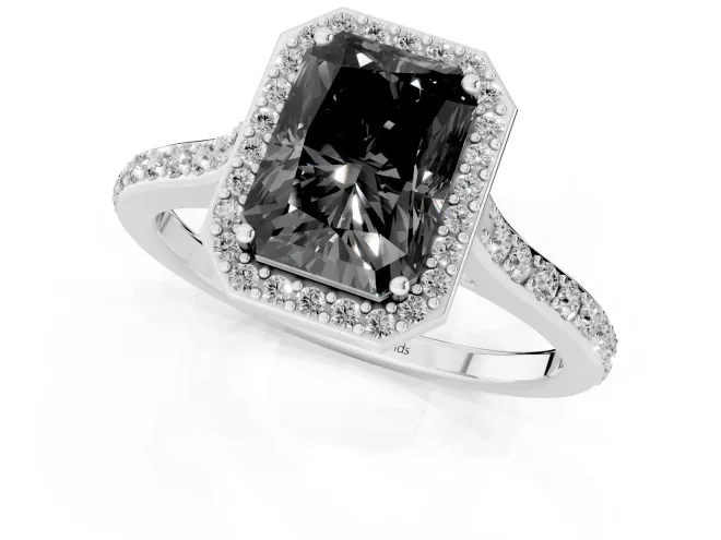Fancy Black Radiant Cut Diamond Halo Engagement Ring Set in Platinum with Round Pavé Shoulders and Heart Gallery – second view