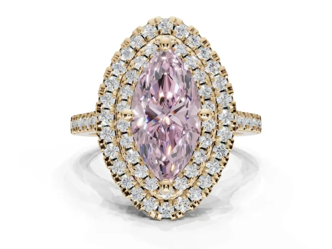 Marquise Double Halo Engagement Ring Setting for a Fancy Pink Lab-Grown Diamond | Pavé Shoulders | Yellow Gold