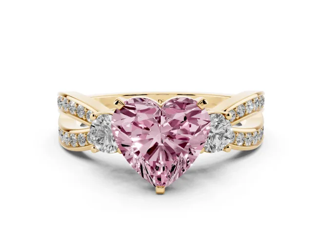 Heart-Shaped Three-Stone Twist Engagement Ring Setting for a Fancy Pink Lab-Grown Diamond | Yellow Gold