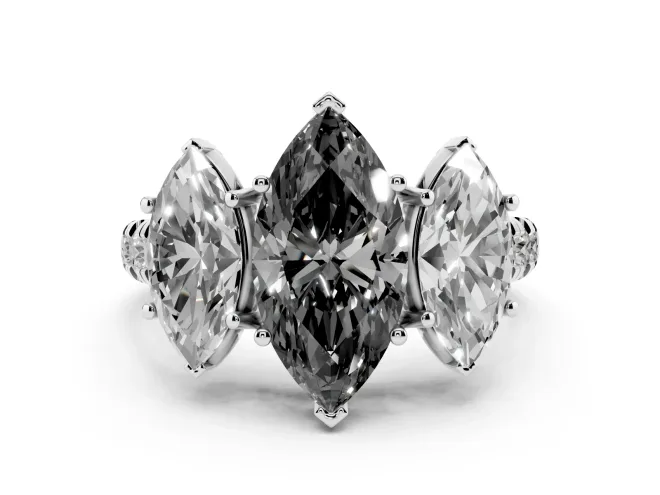 Fancy Black Marquise Cut Diamond Three-Stone Ring Set in Silver with Pavé Band