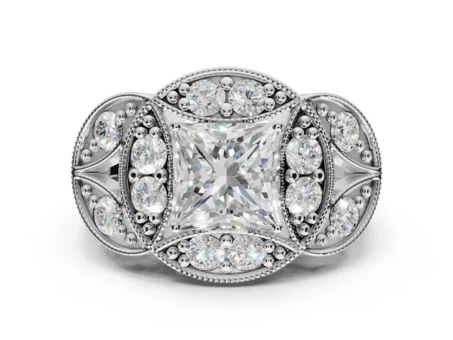 Princess Cut Vintage Floral Halo Engagement Ring Setting | Engraved Milgrain Band | White Gold
