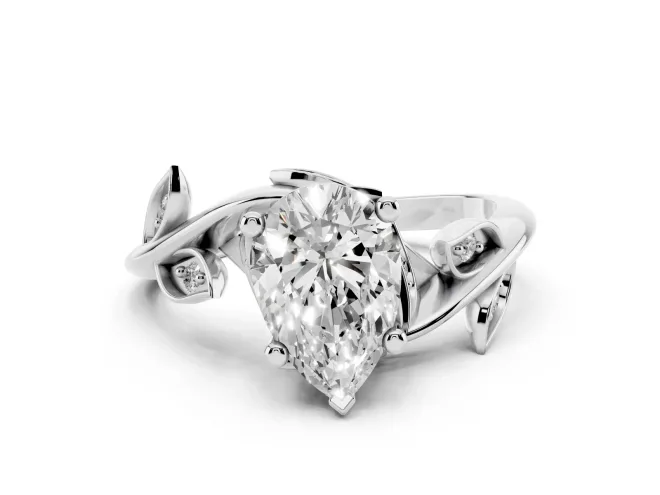 Pear-Shaped Twisted Bypass Engagement Ring Setting | Accented Leaves | Sterling Silver