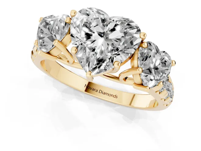 Heart Cut Diamond Three-Stone Ring Set in Yellow gold with Pavé Band – second view