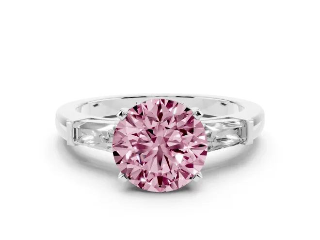 Round Three Stone Engagement Ring Setting for a Fancy Pink Lab-Grown Diamond | Tapered Baguettes | Platinum