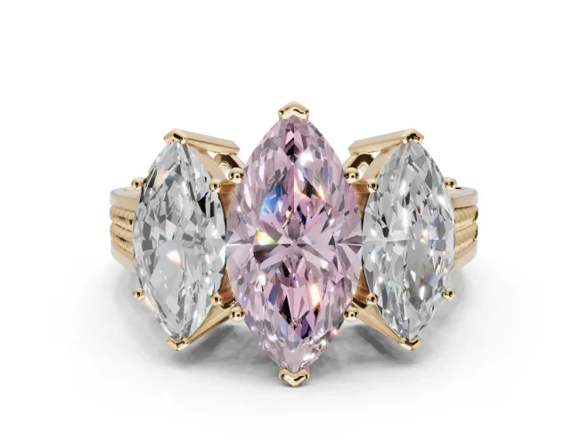 Marquise Three Stone Engagement Ring Setting for a Fancy Pink Lab-Grown Diamond | Beaded Shoulders | Yellow Gold