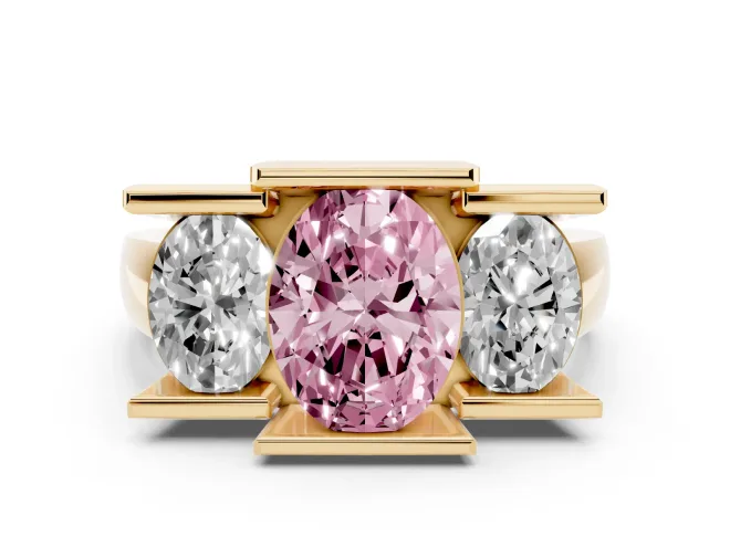 Oval Channel-Set Three Stone Engagement Ring Setting for a Fancy Pink Lab-Grown Diamond | Wide Flat Band | Yellow Gold