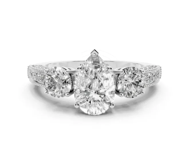 Pear Cut Diamond Three-Stone Ring Set in White gold with Round Side Stones and Pavé Band