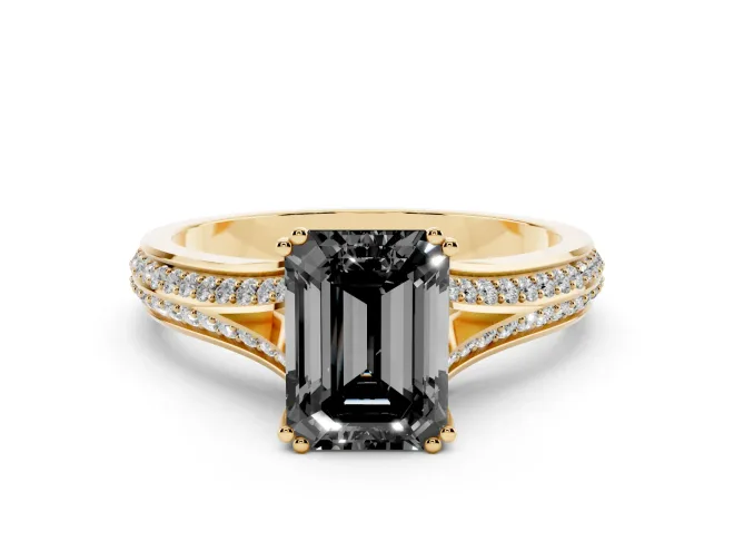 Emerald Cut Split Shank Engagement Ring Setting for a Black Center | Pavé Band | Yellow Gold