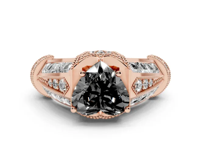 Fancy Black Heart Cut Diamond Vintage-Inspired Milgrain Ring Set in Rose gold with Accent Split Shank