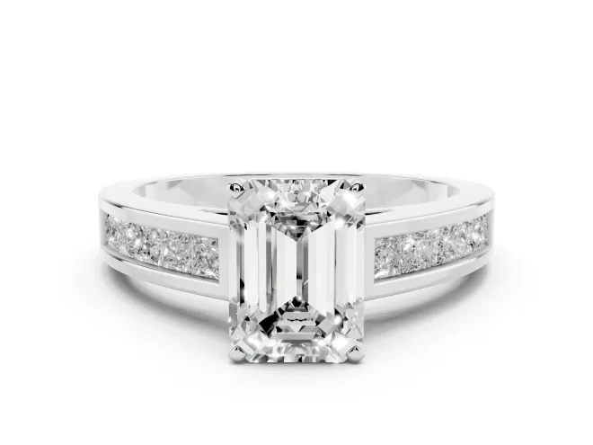 Emerald Cut Diamond Solitaire Ring Set in White gold with Channel-Set Band and Prong Setting
