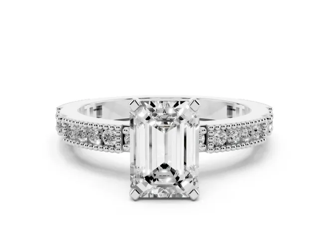Emerald Cut Vintage Pavé Solitaire Engagement Ring Setting | Milgrain Edges | White Gold
